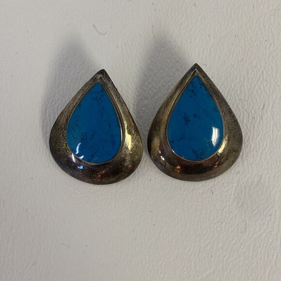 Sterling Silver Turquoise Teardrop Earrings Posts Pierced Vintage - Picture 6 of 9